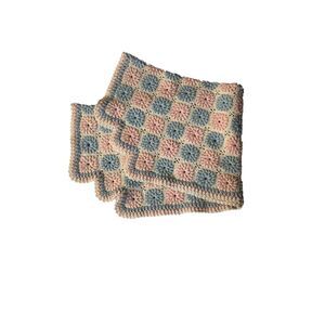 Vintage Handmade Crochet Puff Stitch Granny Square Throw Blush Pink Dusty Blue
